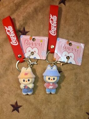 Coca Cola  Labubu Pink & Blue Bunny Plush Keychain Pair with Red Branded Strap